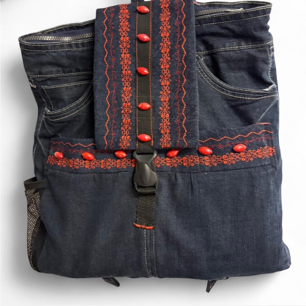 Stylish Denim Backpack with Red Accents